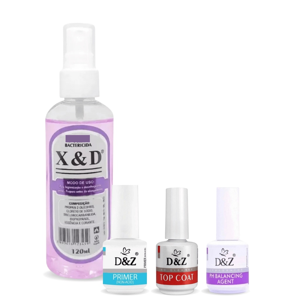 KIT Preparadores Top Coat, Primer, PH Balancing D&Z e Anti Bactericida X&D Alongamento Unha gel fibra