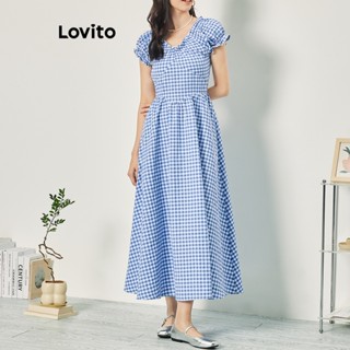 Lovito Casual Vestido Feminino Gingham Alinhado Drapeado com Bainha Enrugada L68ED152 (Azul Claro)