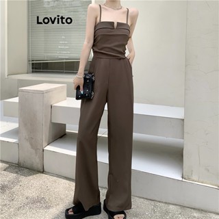 Lovito Casual Macacão Feminino Liso Plissado com Ombro de Fora LNE37397 (Cáqui)