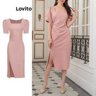 Lovito Elegante Vestido Feminino Liso Plissado com Fenda Frontal L74ED382