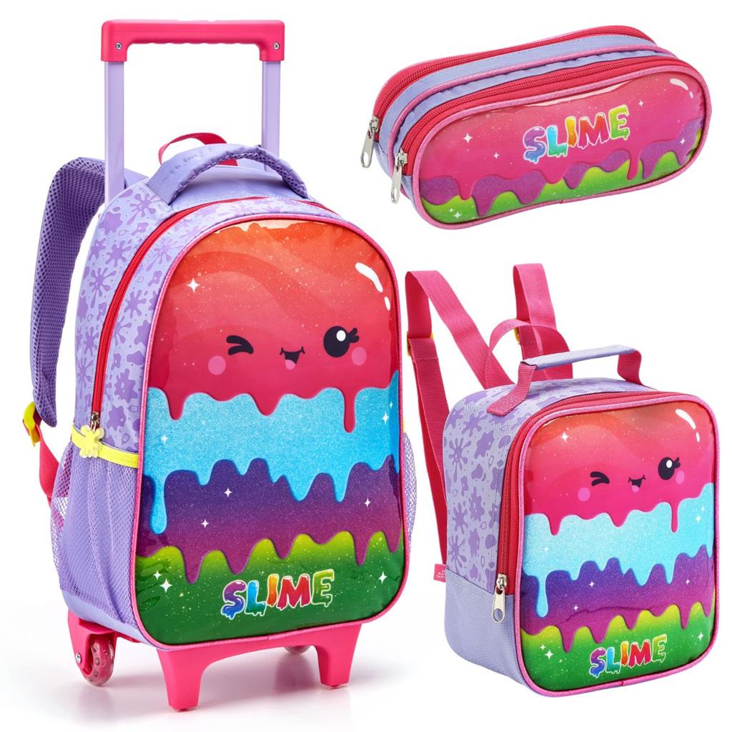 Kit Mochila Rodinha Lancheira Estojo Feminina Slime Roxo