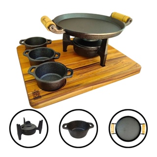 Kit Chapa e Fogareiro Ferro Fundido Suporte Madeira Tábua Churrasco Cumbuca Molheira Petisco Porção em Oferta na Shopee