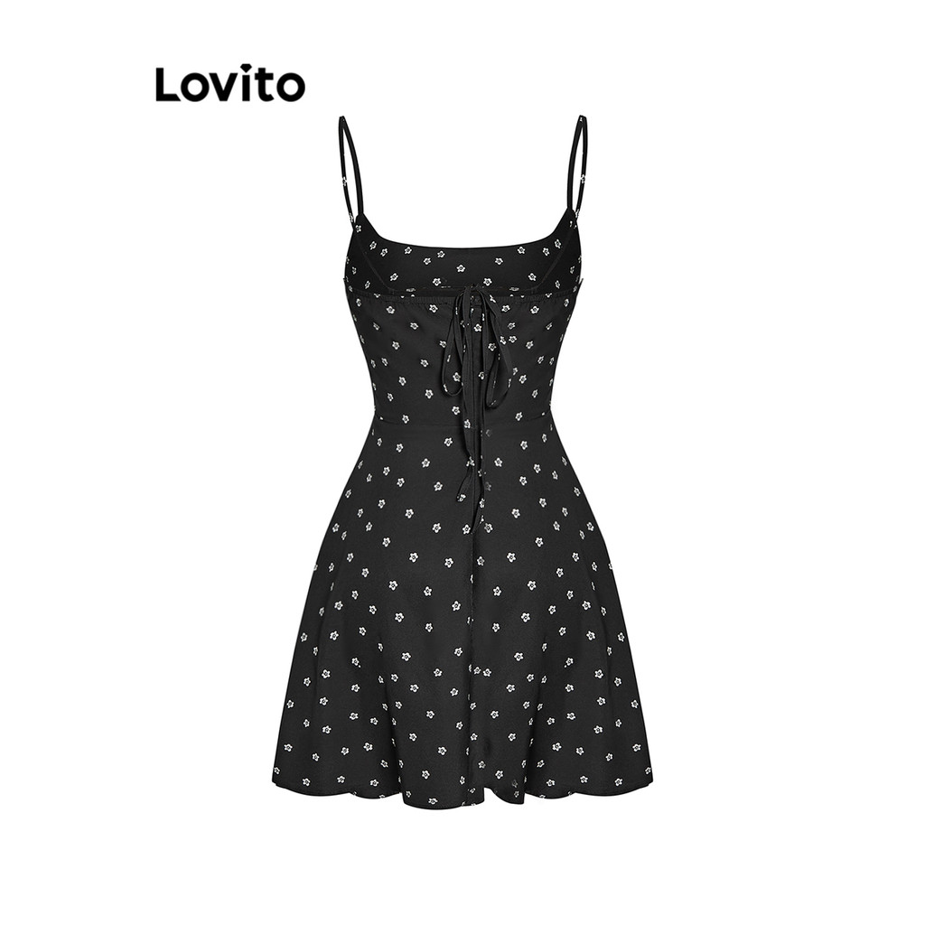 Detalhes do (Trendy) Lovito Vestido Casual Ditsy Floral Plissado Com Amarração Nas Costas Para Mulheres L68ED147 (Multicolorido)
