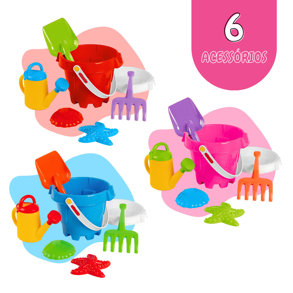Kit Balde de Praia Infantil com 6 Acessórios Kit Brinquedo de Praia Infantil