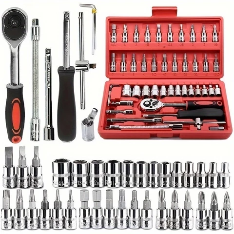 Kit De Ferramentas 46 Peças Jogo Soquetes Chave Catraca Reversível Com Maleta Jogo De Ferramentas Completo Profissional