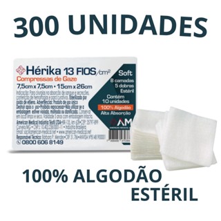 Compressa de Gazes Esteril Hérika Hidrófila 300 Unidades de Gaze Esteril 13 Fios -7,5x7,5cm - 15x26cm (30 Pacotes Hérika)