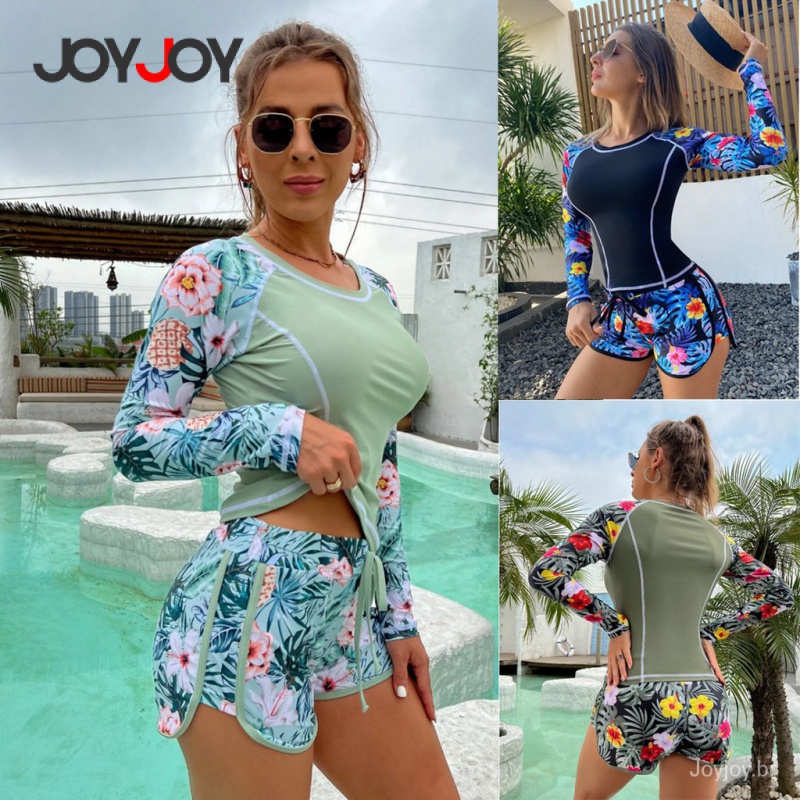Biquíni Sexy de Duas Peças para Praia, Maiô de Manga Longa Feminino Estilo Conservador, Proteção Solar UV, Boxer Estampa
