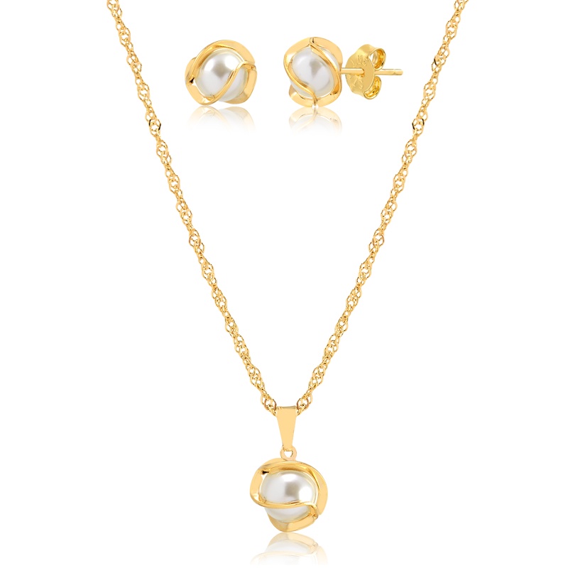 Conjunto Colar E Brinco Com Pingente de Pérola Folheado A Ouro 18k Ótima Opção De Presente em Oferta na Shopee