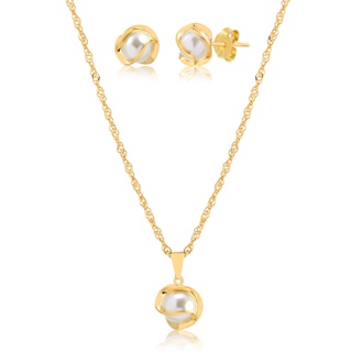 Conjunto Colar E Brinco Com Pingente de Pérola Folheado A Ouro 18k Ótima Opção De Presente em Oferta na Shopee