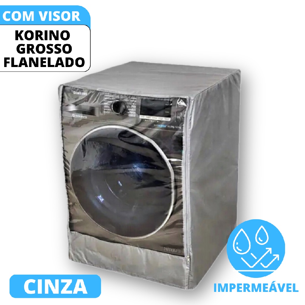 Capa Para Máquina de Lavar Frontal LG Samsung Electrolux 9 kg 10 kg 11 kg Corino Flanelado Com Zíper e Visor Transparente Cor Cinza