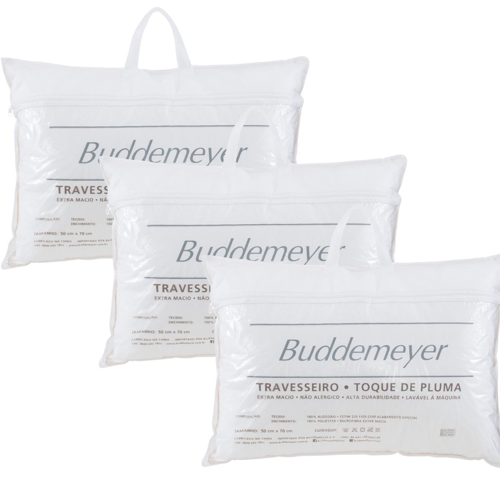 Kit 03 Travesseiros Buddemeyer Toque de Pluma 100% Algodão 233 Fios
