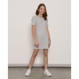 Vestido Juvenil Manga Curta Bufante Malha Canelada Cinza