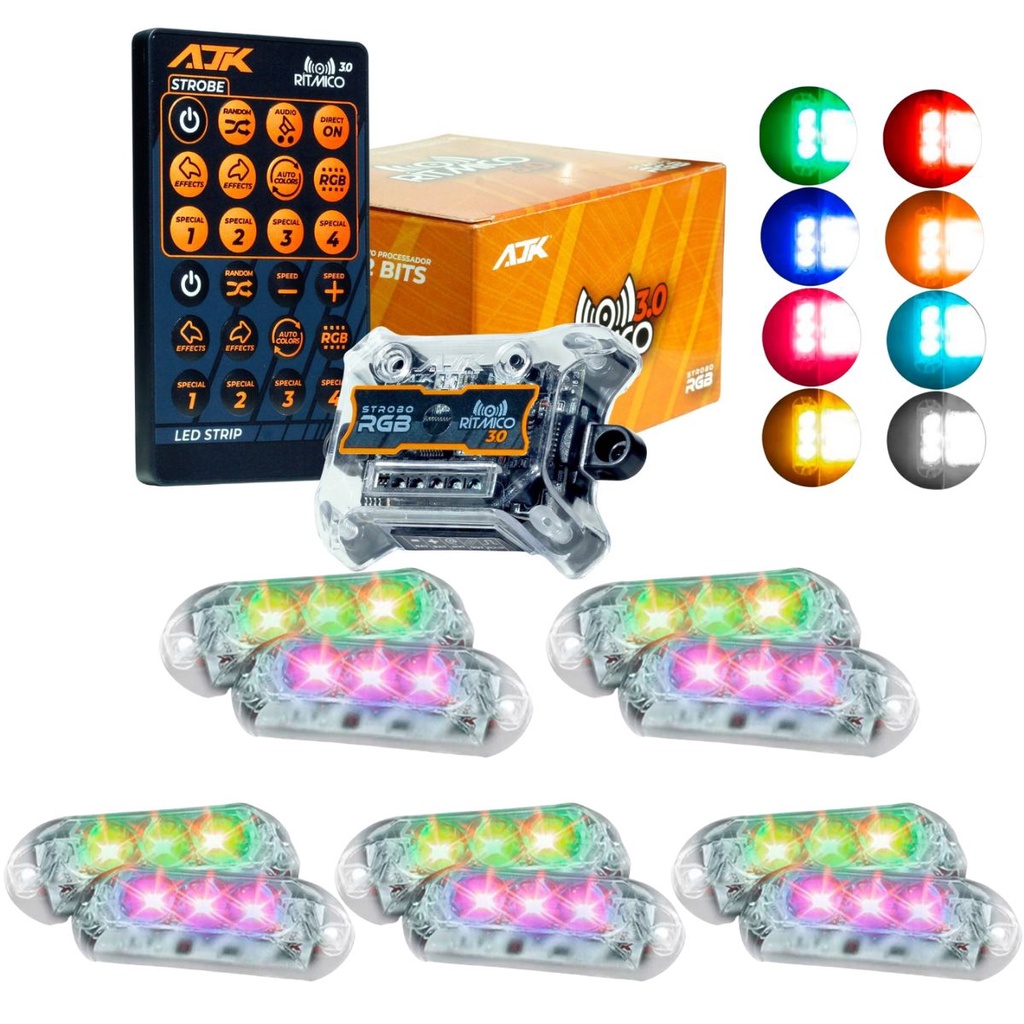 Kit Strobo RGB AJK Rítmico 3.0 + 12 Faróis 6W em Oferta na Shopee