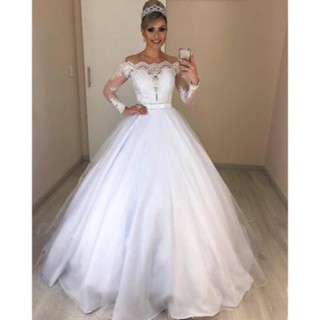 2023 novo vestido de casamento de cauda de ombro/branco casamento da igreja com decote em V