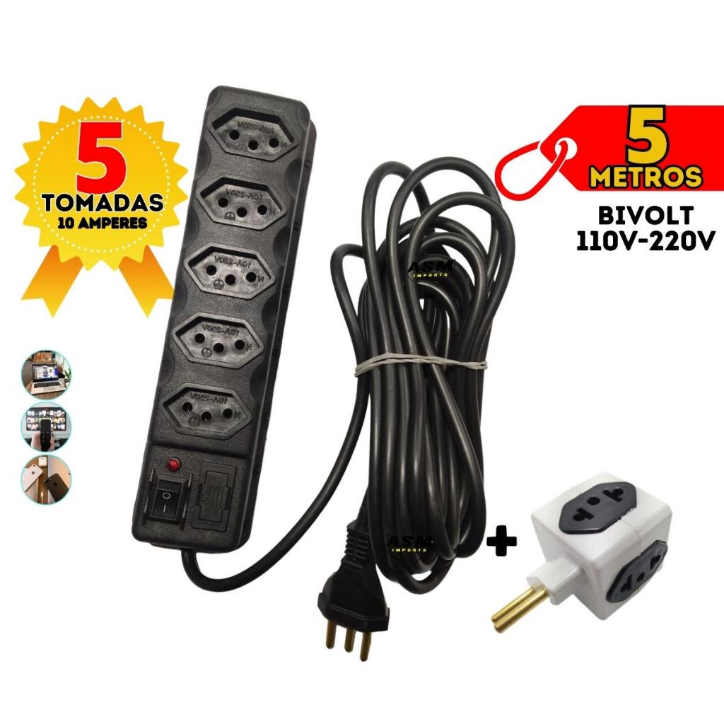 Filtro de Linha 5 Tomadas Bivolt 5 Metros Suporte p Fixacao Regua Eletrica + Cubo Adaptador de Tomadas