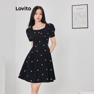 Lovito Casual Ditsy Floral Vestido Feminino de Gola Quadrada Franzida e Manga Bufante L62ED135 (Preto e Branco)