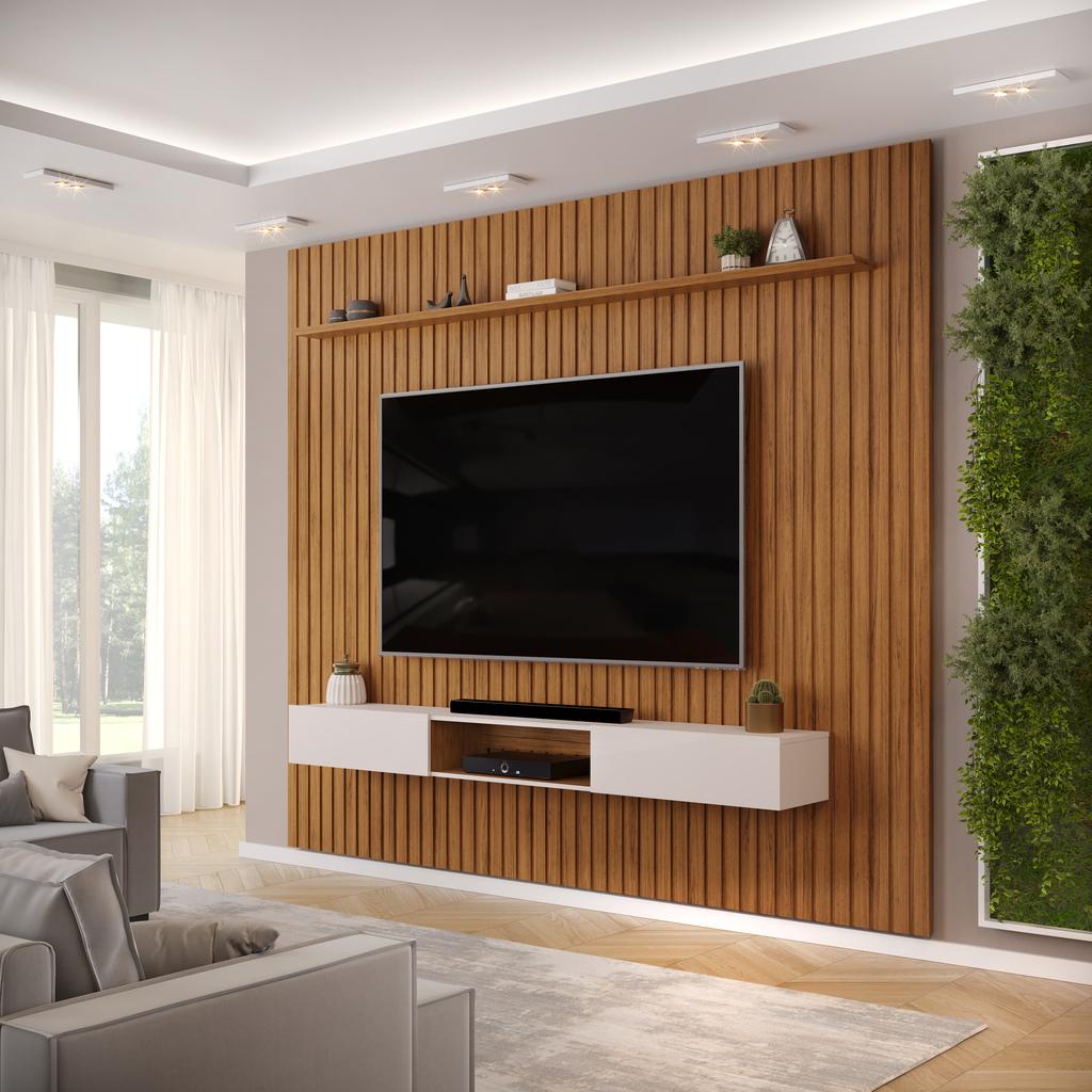Painel com Bancada para TV até 75 Polegadas Ripado DJ Móveis Trento 275 Freijó Off White em Oferta na Shopee