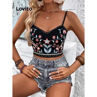 Lovito Blusa de Alcinha com Renda Floral para Mulheres LBE04064 (Preto)