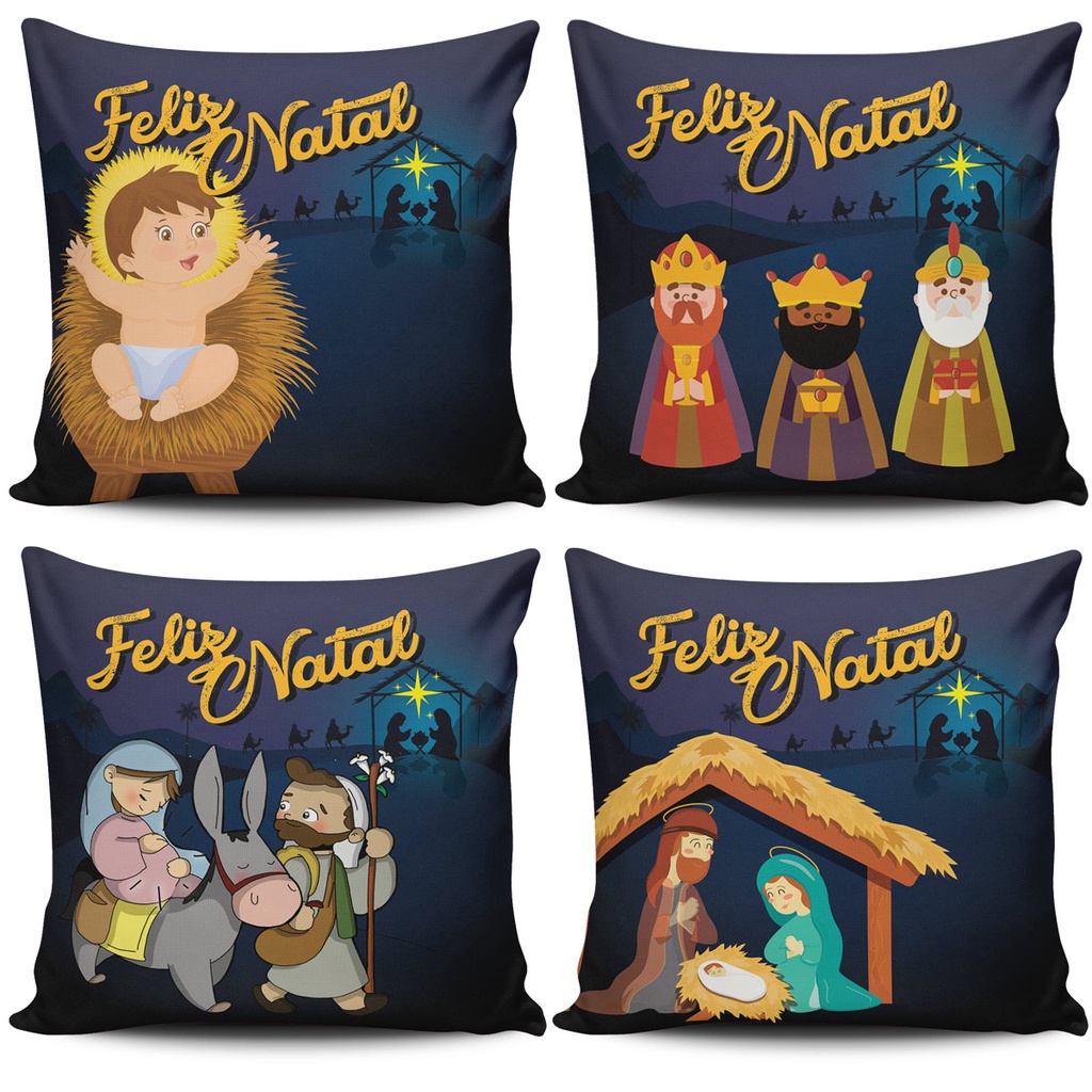 Kit com 4 Capas de Almofadas Estampadas Natalinas Feliz Natal Família Sagrada Presépio 45cm x 45cm