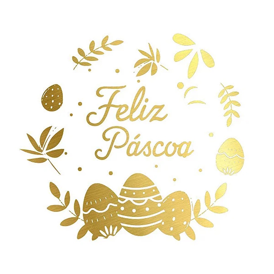 Adesivo "Feliz Páscoa com Ovos" - Ref.2066 - Hot Stamping - Dourado - 40 unidades - Stickr - Rizzo
