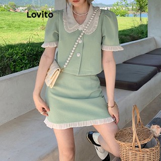 Lovito Conjunto de Saia e Blusa com Mangas Bufantes e Lettuce Trim para Mulheres LNA16027 (Verde-Menta)