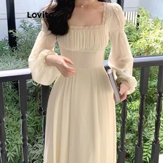 Lovito Elegante Vestido Feminino Liso com Renda e Transparência LNA29176 (Branco)