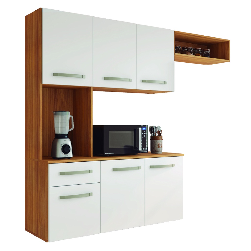 Armário de Cozinha Completa Suspenso com Balcão 6 Portas 1 Gaveta Belíssima Freijó/Branco Fiorello