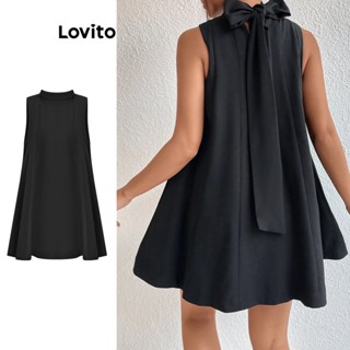 Lovito Casual Vestido Feminino Liso com Laço Traseiro L71ED236 (Preto)
