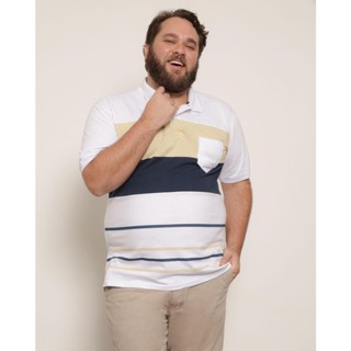 Camisa Polo Masculina Plus Size Com Estampa Listrada Branca