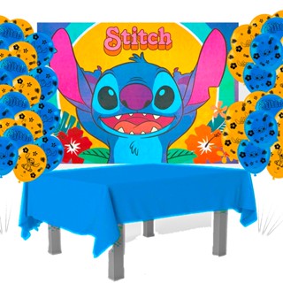 Kit festa Stitch Decoração 25 balões +Painel TNT + Toalha Azul TNT
