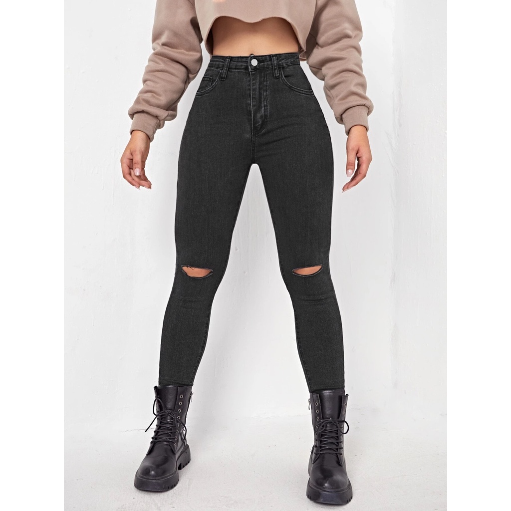 Calça Jeans Skinny Preta Cintura Alta Premium Detalhe Rasgado Joelhos Corte Do Jeans Moderno Moda Feminina. Valor Promocional