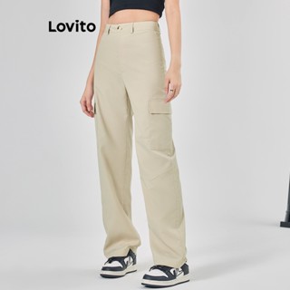 Lovito Casual Calça Feminina Lisa Alinhada com Bolso L68ED214 (Damasco/Preto)