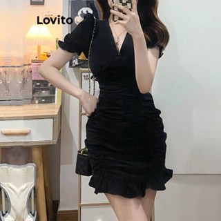 Lovito Vestido Plissado Lisa para Mulheres LNE19115 (Preto)