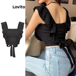 Lovito Casual Blusa Feminina Lisa com Laço Traseiro e Bainha Enrugada L74ED261