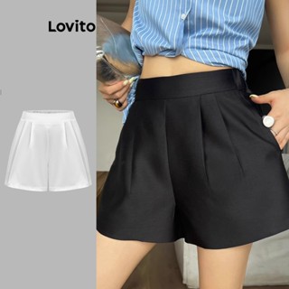 Lovito Boho Shorts Feminino Liso Plissado com Bolso L74ED146
