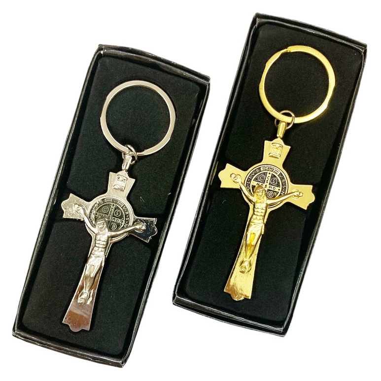 Chaveiro Religioso Crucifixo com São Bento Prateado / Dourado Promoção em Oferta na Shopee