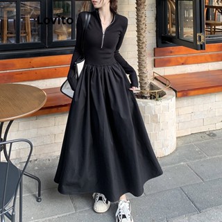 Lovito Vestido Casual Com Costura Em Tecido Liso Com Zíper Para Mulheres LNA38273 (Branco Preto)