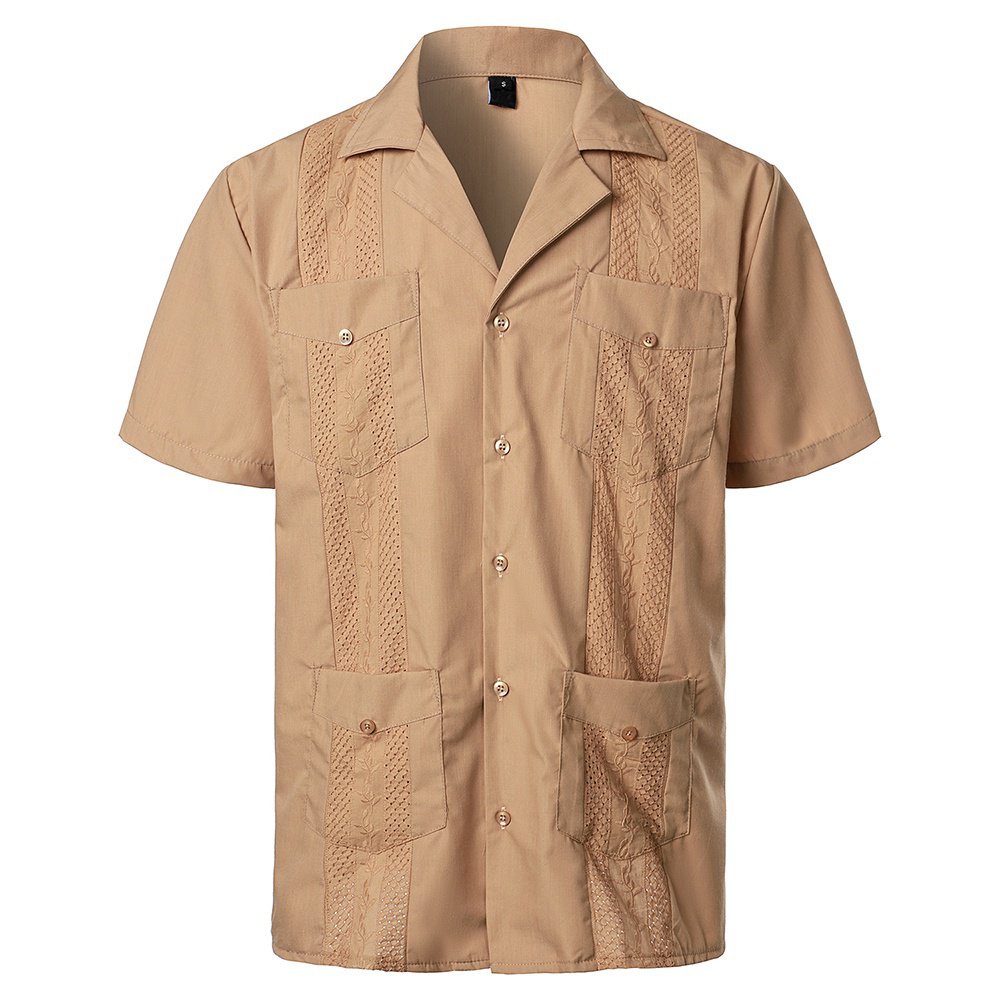 Camisa Guayabera de manga curta masculina, camisa bordada com botão casual, camisa de praia respirável, macia, monocromática, UT1O