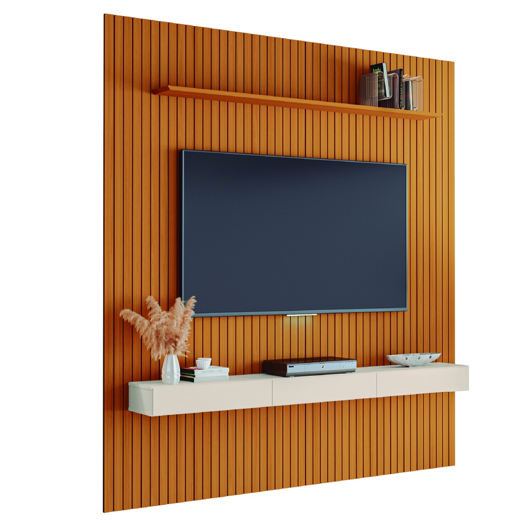 Painel para TV até 75 Polegadas 2,25x2,40m Ripado com Nicho Arbo Cedro/Off White EDN - Home & Living