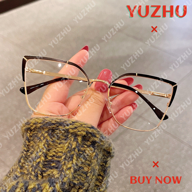 (YUZHU) Óculos De Olho De Gato Quadrado De Metal Feminino Estilo INS Anti-Luz Azul Grandes em Oferta na Shopee