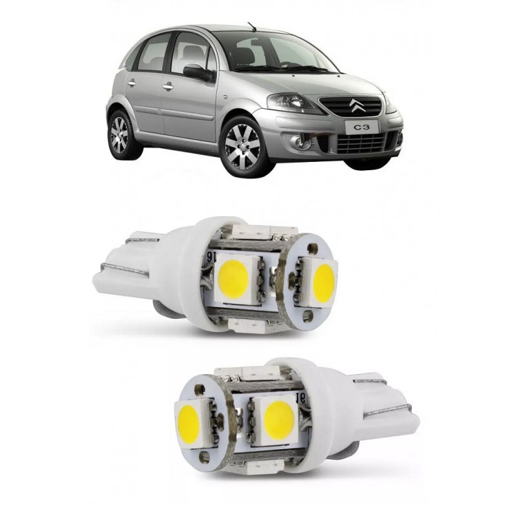Par Lampada Pingo T10 5 LED Torre Citroen C3 Farol Teto Placa