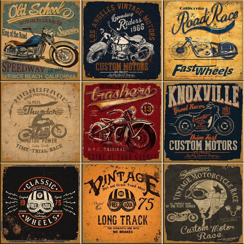 Azulejos Decorativos Motorcycle Moto Motocicleta Vintage Custom Kit 9 Peças 15x15cm.