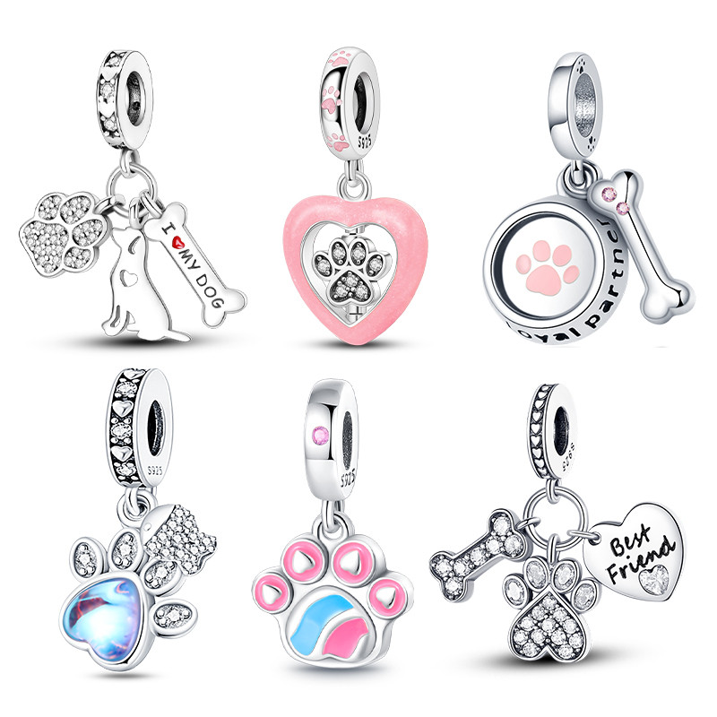 berloque S925 prata jóias cão pata impressão osso série adequado para Original 3mm pulseira DIY jóias presente