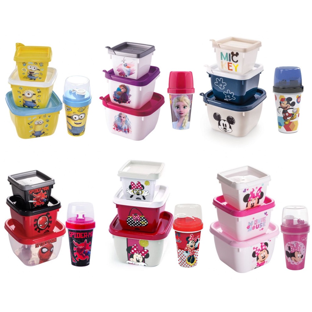 Kit 4 Potes Infantil Vasilha p/ Lanches Marmita Escolar Crianças Garrafinha Anti Vazamento Decorada Meninos e Meninas