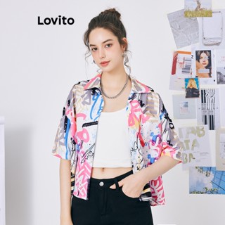 Lovito Blusa Elegante com Botões Pintados à Mão na Frente para Mulheres L59ED067 (Multicolorido)