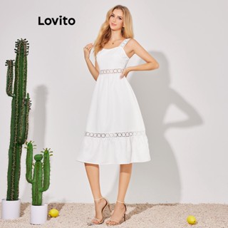 Lovito Vestido com Detalhes em Bordado e Tecido para Mulheres LBE04142 (Branca)