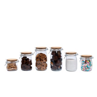Kit de 6 potes de vidro tampa de bambu e trava 450ml, 700ml, 1L e 1,5L - Oikos