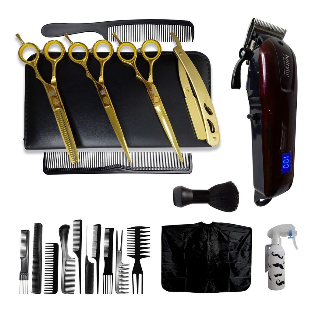 Kit 3 Tesouras Profissionais + Maquina Cortar Cabelo KM-209 Borrifador Espanador Kit 10 Pentes
