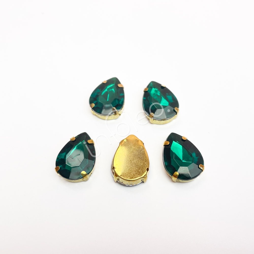 Chaton Acrílico Gota 13x18mm Verde Esmeralda Engrampado Dourado 5 unidades