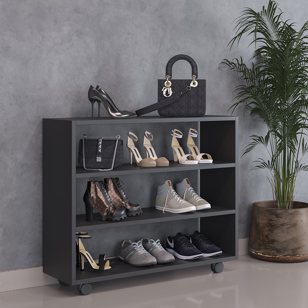 Sapateira Multiuso Organizador Com 03 Prateleiras E Rodízio Pérola L03 Preto - Lyam Decor em Oferta na Shopee